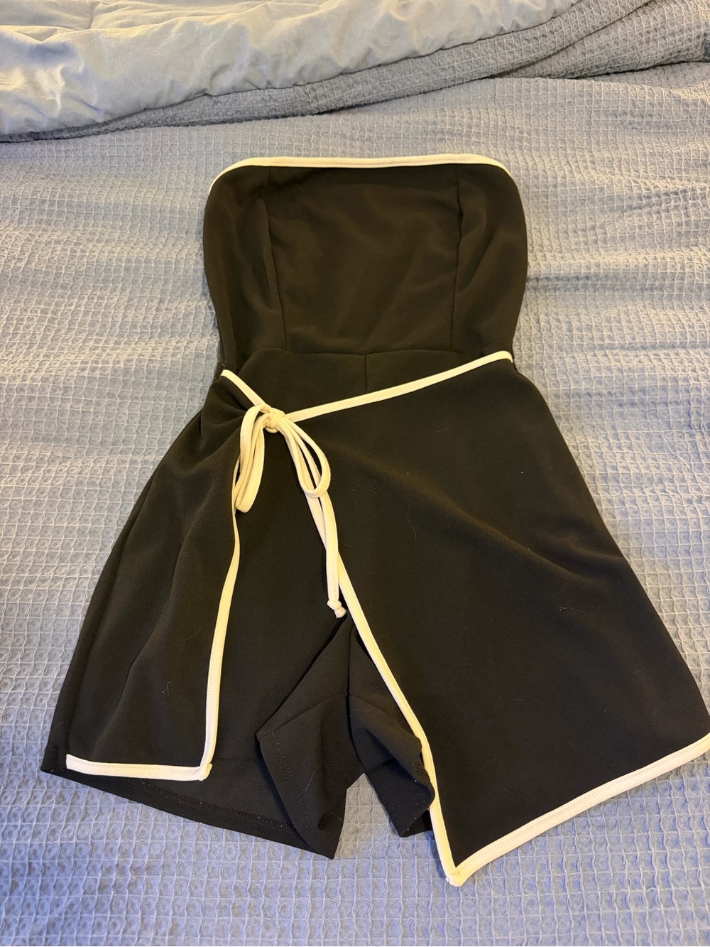 Fashion Nova Black Strapless Romper with Cream Trim
